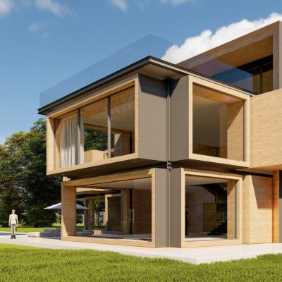 3D rendering of a large modern contemporary house in wood and concrete
