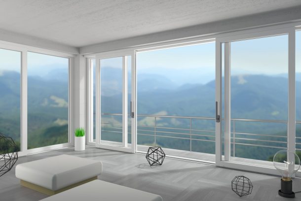 3d illustration. Interior of a modern villa. Panoramic sliding windows and doors. Loft. House or hotel on the sea. Natural landscape. Mountain chalet