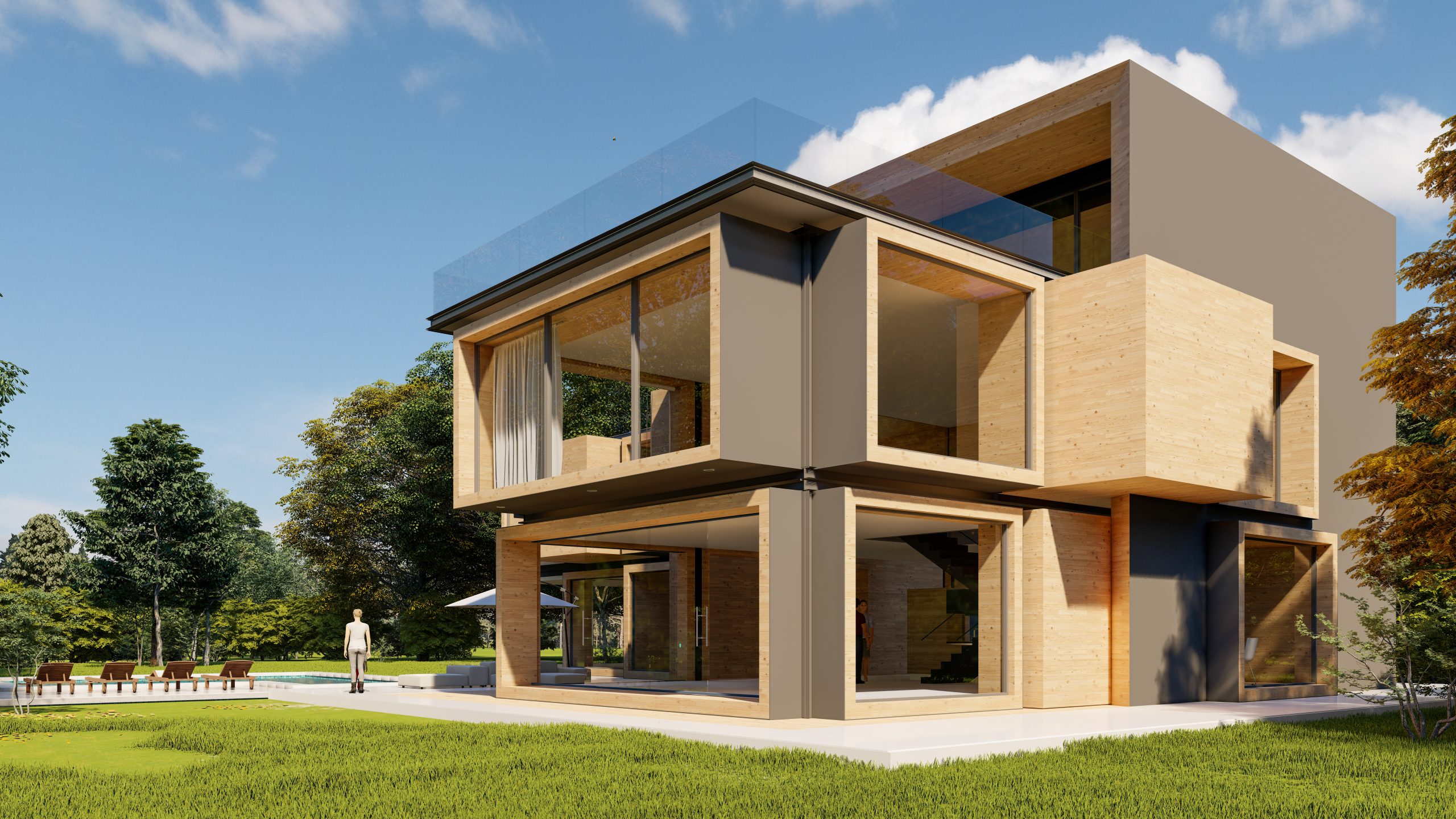 3D rendering of a large modern contemporary house in wood and concrete